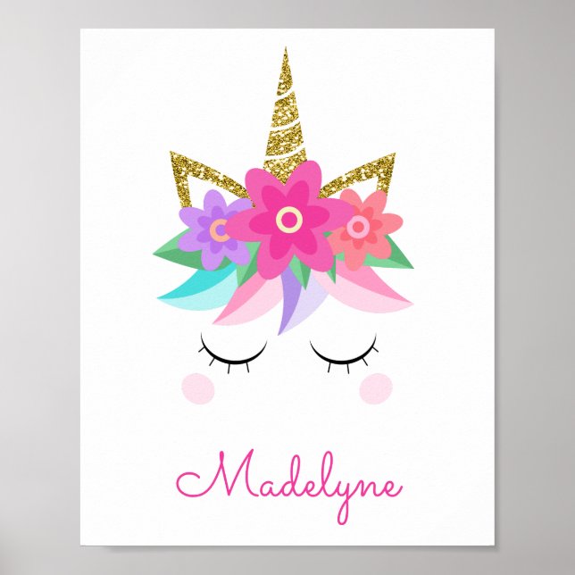Unicorn Flowers Guld Glitter Personlig Namn Poster (Framsidan)