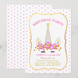Unicorn, Flowers och Confetti Birthday Inbjudningar