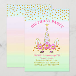 Unicorn, Flowers och Confetti Birthday Inbjudningar