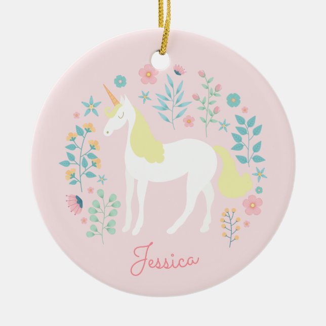 Unicorn Flowers  Rosa Personlig Julgransprydnad Keramik (Framsidan)