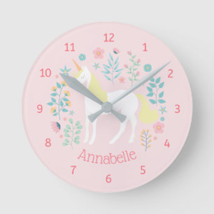 Unicorn & Flowers Rosa Personlig Namn Rund Klocka