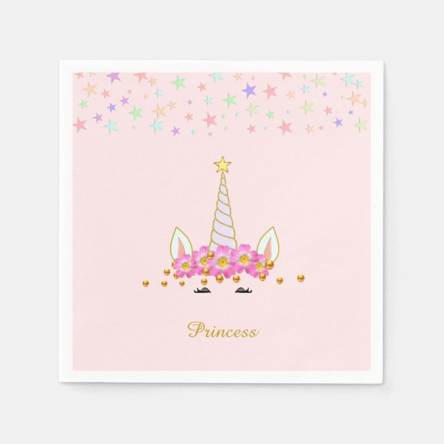 Unicorn, Flowers, Stars & Guld Confetti Birthday Pappersservett (Framsidan)