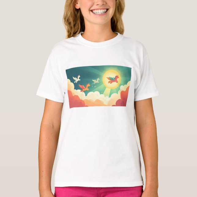 Unicorn flyger på Sunny Day T Shirt (Framsida)