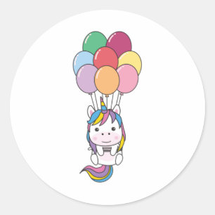 Unicorn flyger upp med färgstarka ballonger runt klistermärke