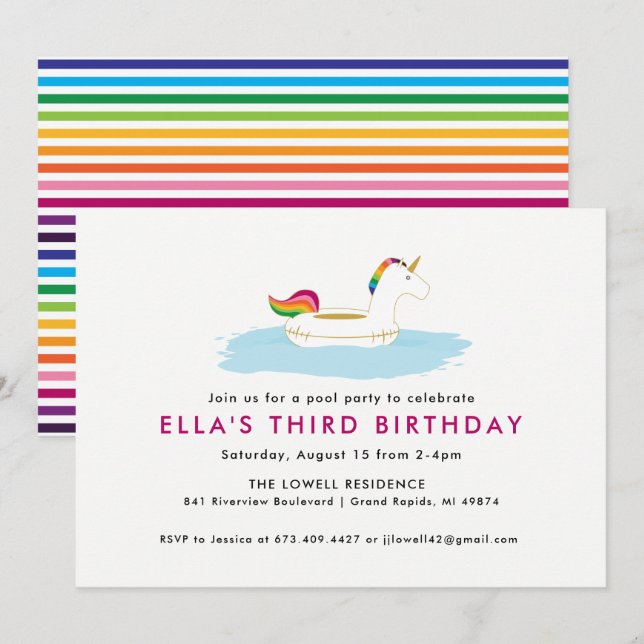Unicorn Flyt Bassäng Party-inbjudan Inbjudningar (Fram/baksida)