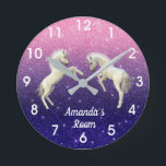 Unicorn Foals Lila Rosa Glitter Personlig Rund Klocka<br><div class="desc">Den här designen har skapats genom digital grafik. Det kan vara personlig i området som tillhandahåller eller anpassar genom att klicka för att anpassa ytterligare alternativ och ändra namn, initialer eller ord. Du kan också ändra texten färg och stil eller ta bort texten för en bild som bara är en...</div>