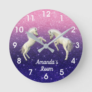 Unicorn Foals Lila Rosa Glitter Personlig Rund Klocka