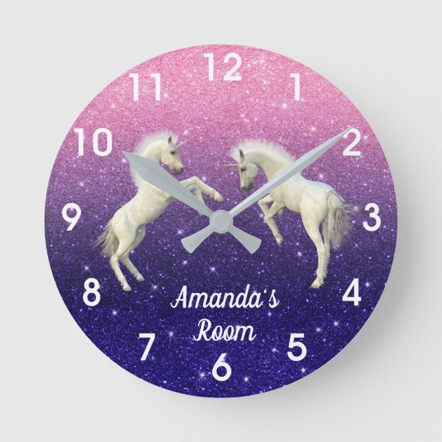 Unicorn Foals Lila Rosa Glitter Personlig Rund Klocka (Framsida)