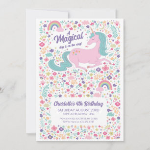 Unicorn Födelsedagsfest Blommigt Rosa Girls Inbjudningar