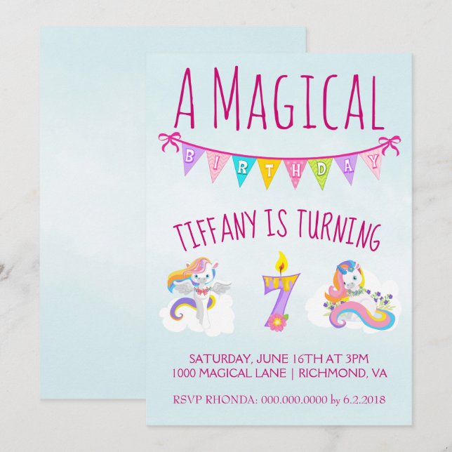 Unicorn-Födelsedagsfest för sju år Inbjudningar (Fram/baksida)