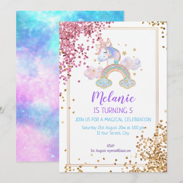 Unicorn Födelsedagsfest Girl-inbjudan Inbjudningar (Fram/baksida)
