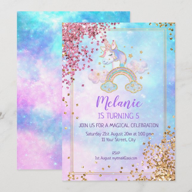 Unicorn Födelsedagsfest Girl-inbjudan Inbjudningar (Fram/baksida)