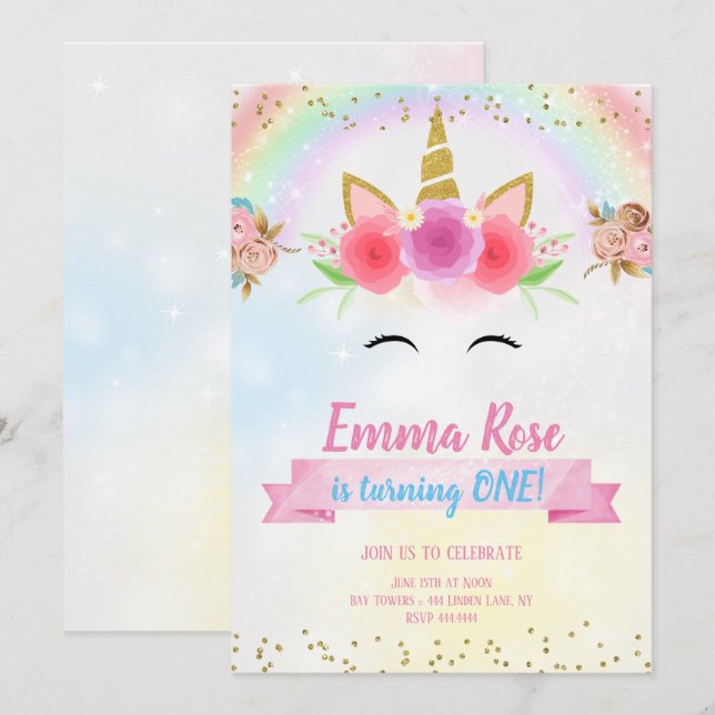 Unicorn Födelsedagsfest Guld Glitter Inbjudningar (Fram/baksida)