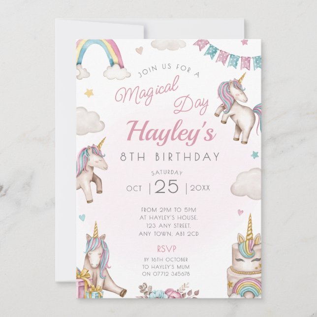 Unicorn Födelsedagsfest inbjudan Magic Day (Framsida)