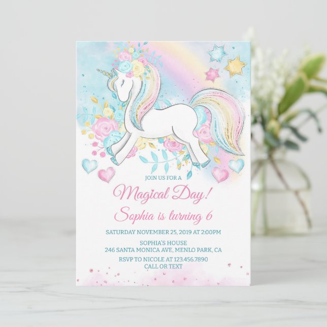 Unicorn Födelsedagsfest Magic Pastel Flowers Inbjudningar (Stående Fram)
