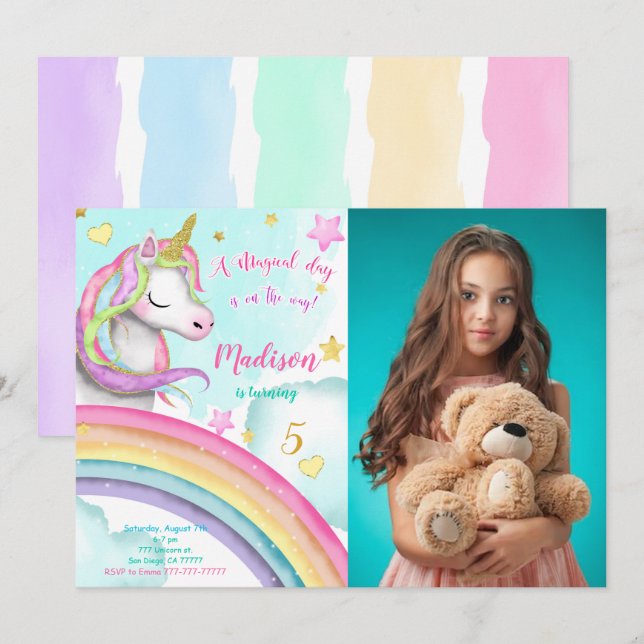 Unicorn Födelsedagsfest Photo-inbjudan Inbjudningar (Fram/baksida)