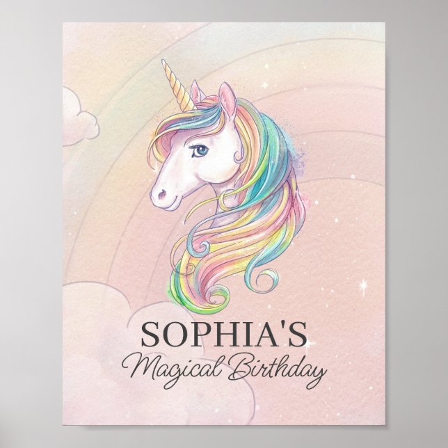 Unicorn födelsedagsfest rainbow party-tecken poster (Framsidan)