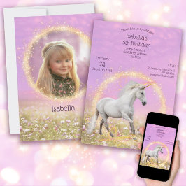 Unicorn Födelsedagsfest Rosa and Lavender + Photo Inbjudningar