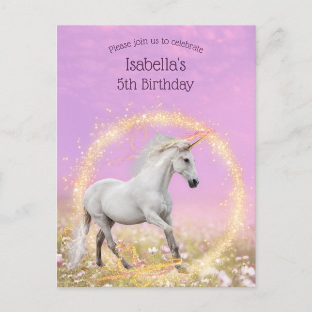 Unicorn Födelsedagsfest Rosa och Lavender Inbjudan Vykort (Framsida)