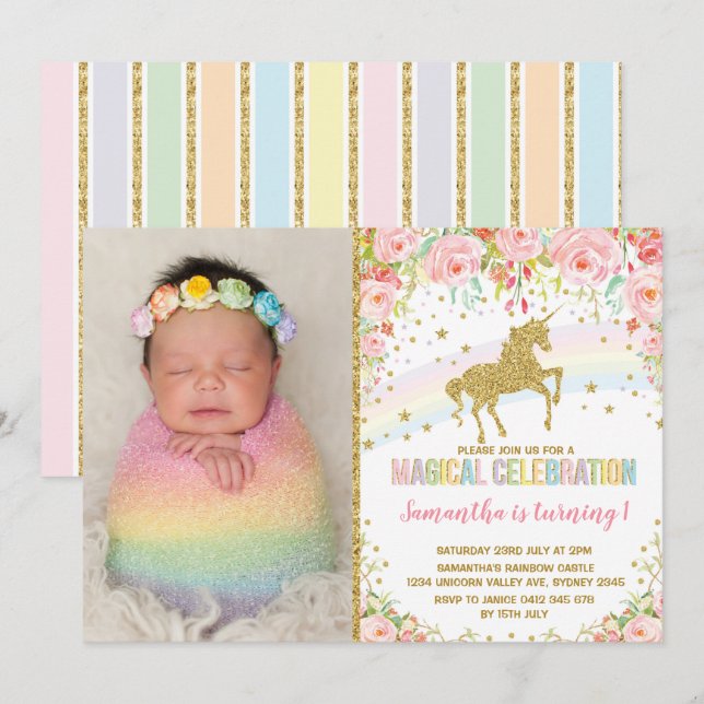 Unicorn Födelsedagsfest Rosa ros Inbjudningar (Fram/baksida)