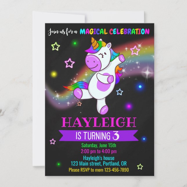 Unicorn-födelsedagsinbjudan 1:a magi party inbjuda inbjudningar (Framsida)
