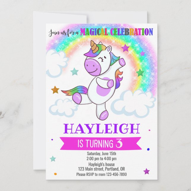Unicorn-födelsedagsinbjudan Magic Rinbow party Inbjudningar (Framsida)