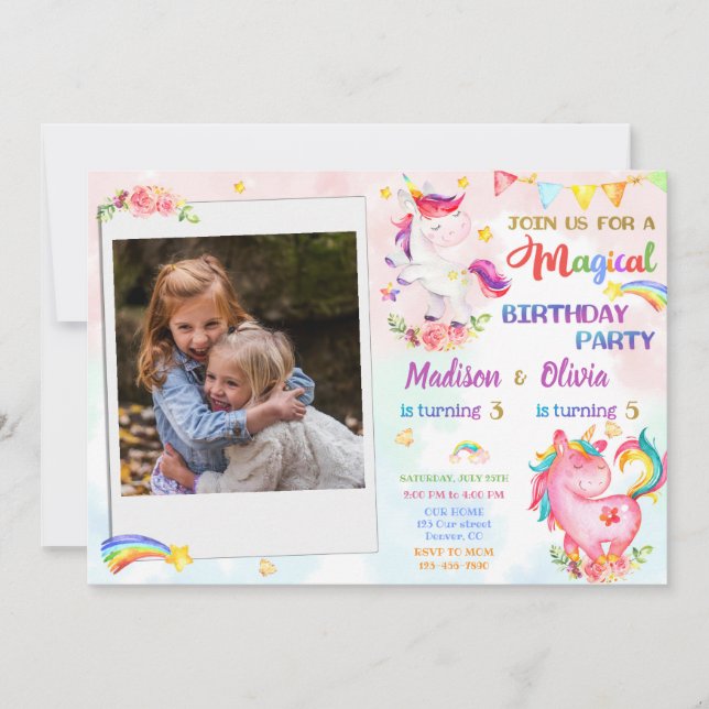 Unicorn-födelsedagsinbjudan med foto Magic party Inbjudningar (Framsida)