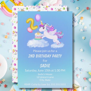 Unicorn födelsedagsinbjudan med tårta för 2-årsdag inbjudningar