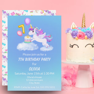 Unicorn födelsedagsinbjudan med tårta för 7-årsdag inbjudningar