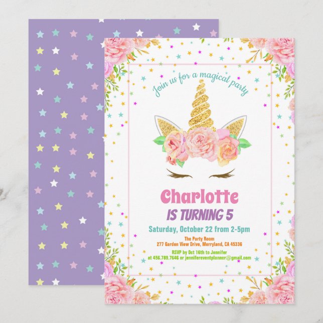 Unicorn-födelsedagsinbjudan. Vattenfärgad blommigt Inbjudningar (Fram/baksida)