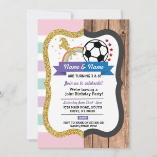 Unicorn & Football Joint Birthday Girl Boy Sports Inbjudningar