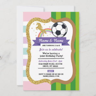 Unicorn & Football Joint Birthday Girl Boy Sports Inbjudningar