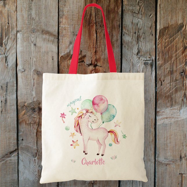 Unicorn för anpassad namntilldelning tygkasse (Custom Name Balloon Unicorn Tote Bag)