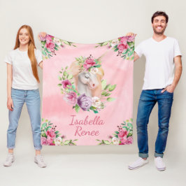 Unicorn för personligvattenfärgblommigt fleecefilt