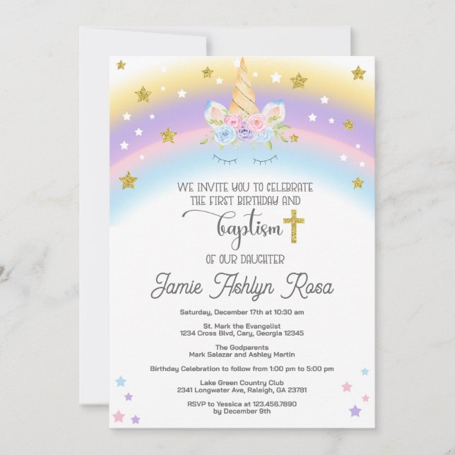 Unicorn första födelsedag och baptism inbjudan. inbjudningar (Framsida)