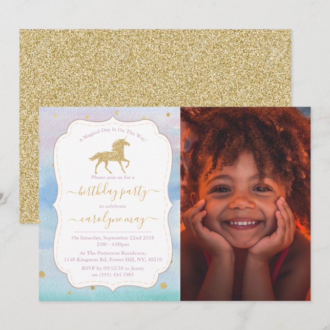 Unicorn-foto från guld Glitter oavsett ålder Inbjudningar (Fram/baksida)