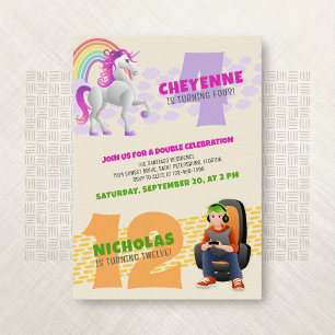 Unicorn Gamer Joint Dubbla Birthday-inbjudan Inbjudningar