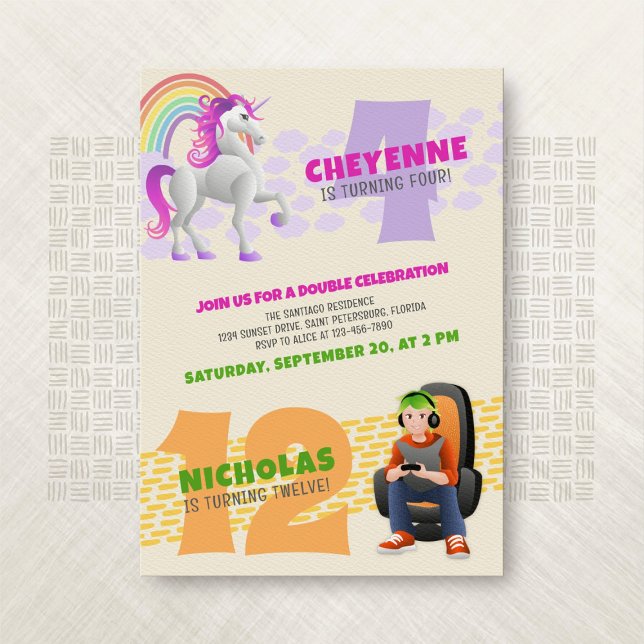 Unicorn Gamer Joint Dubbla Birthday-inbjudan Inbjudningar (Skapare uppladdad)