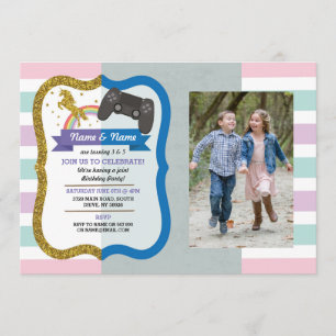 Unicorn & Gaming Joint Boy Girl Birthday Foton Inbjudningar