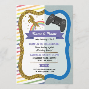 Unicorn & Gaming Joint Boy Girl Birthday Inbjudan