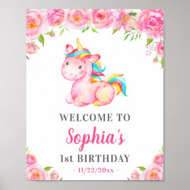 Unicorn Girl 1st First Födelsedagsfest Rosa Welcom Poster
