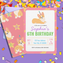 Unicorn Girl Birthday, Corgi Party Inbjudningar