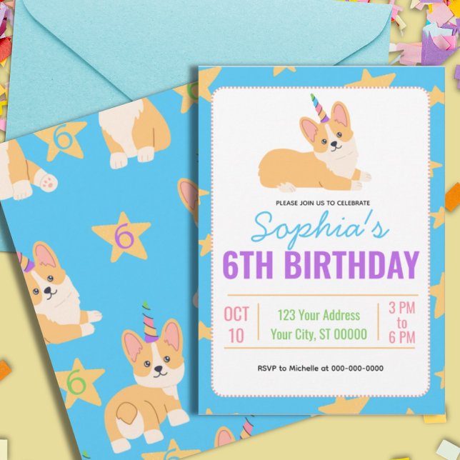 Unicorn Girl Birthday, Corgi Party Inbjudningar (Skapare uppladdad)