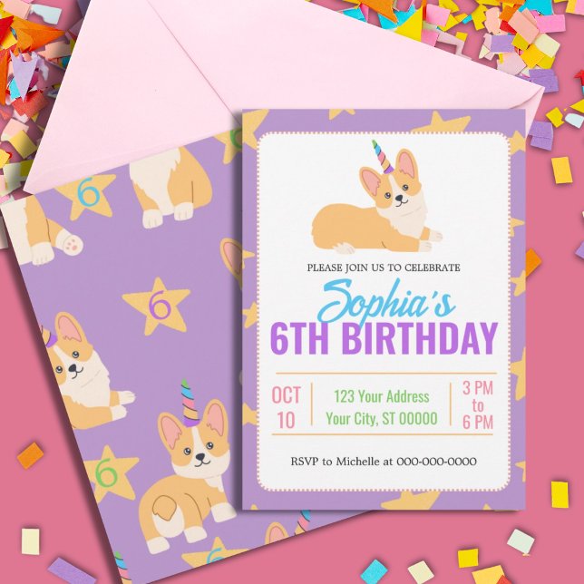 Unicorn Girl Birthday, Corgi Party Inbjudningar (Skapare uppladdad)