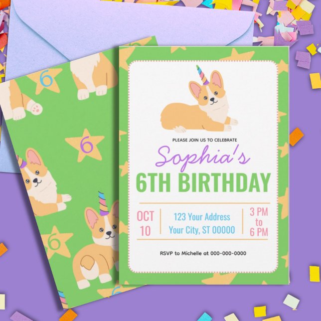 Unicorn Girl Birthday, Corgi Party Inbjudningar (Skapare uppladdad)