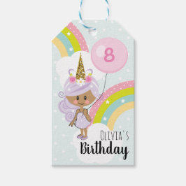 Unicorn Girl Birthday Favor Tags Mörk Skin Tone Presentetikett