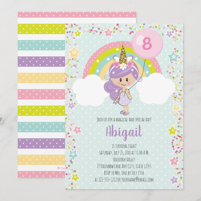 Unicorn Girl Birthday inbjuds i alla åldrar Inbjudningar (Fram/baksida)