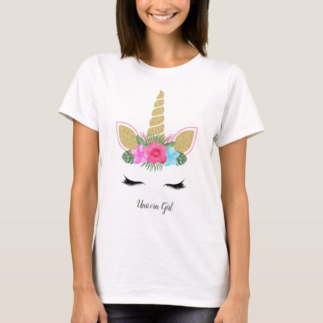 Unicorn Girl Cute Glitter Tropical Blommigt Outfit T Shirt (Framsida)