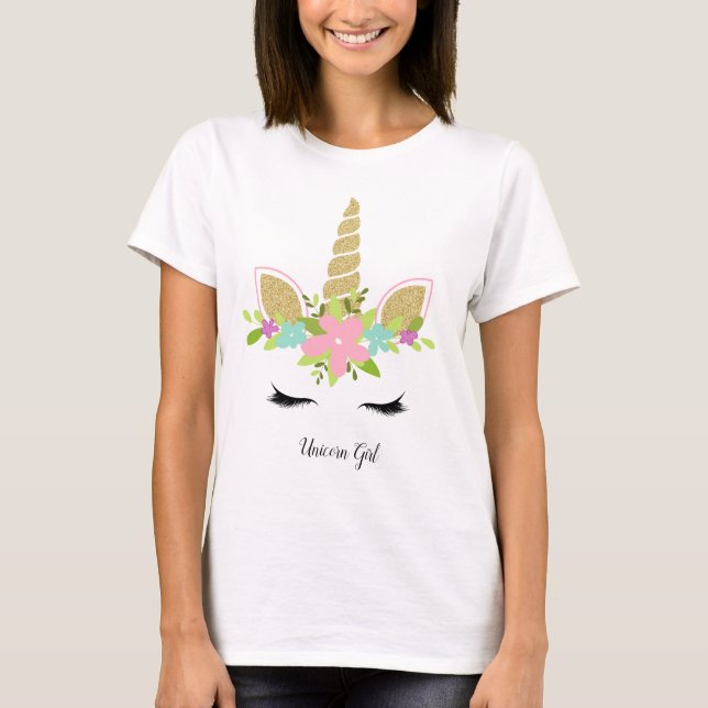 Unicorn Girl Cute Guld Glitter Blommigt Outfit T Shirt (Framsida)