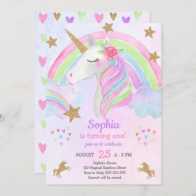 Unicorn Girl Första födelsedagen Regnbåge Watercol Inbjudningar (Fram/baksida)